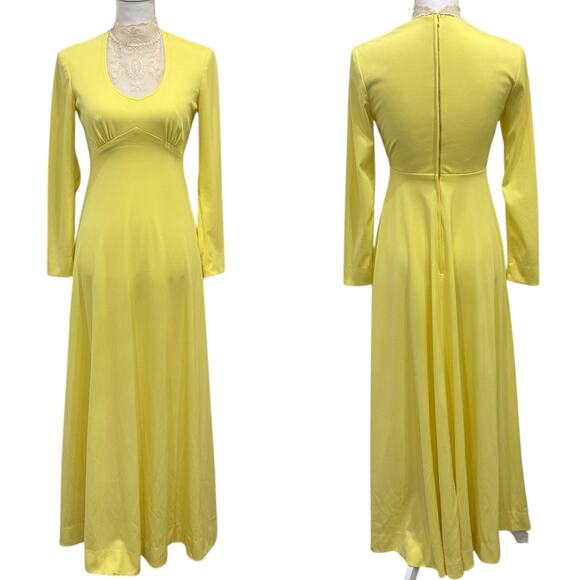 Vintage Dresses & Skirts - Vintage 1970s Victorian Edwardian Revival Yellow Lace Neck Maxi Dress Costume XS